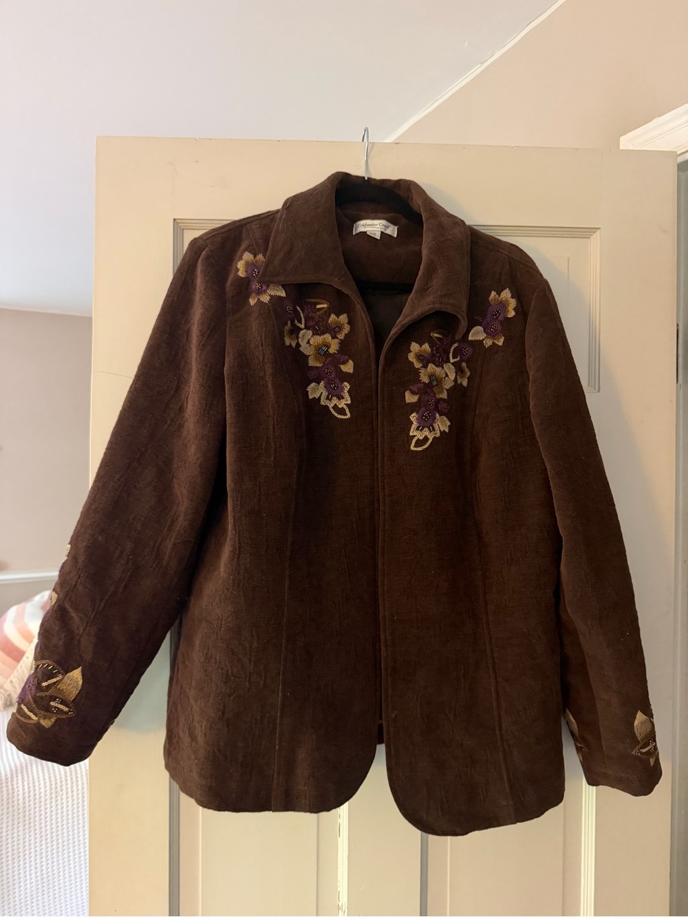 Vintage Coldwater Creek Brown Teddy Jacket with Purple & Cream Floral Embroidery